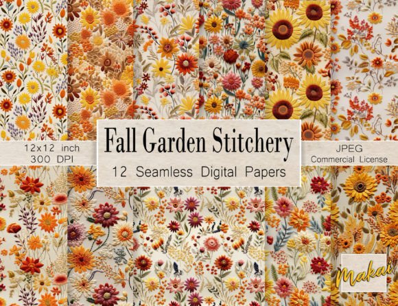 Embroidery Fall Flowers Seamless Pattern